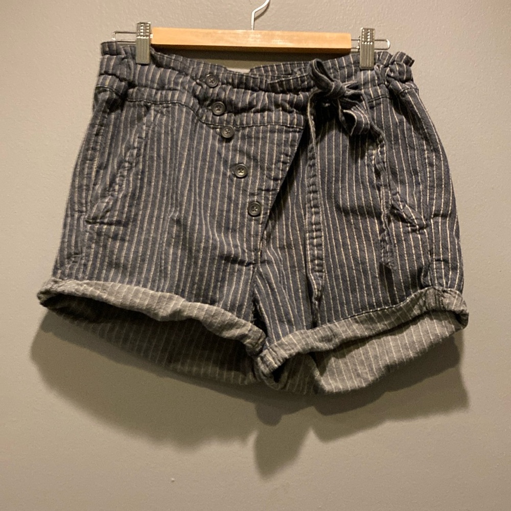 Free People High-Waist Striped Paperbag Shorts in Navy and White